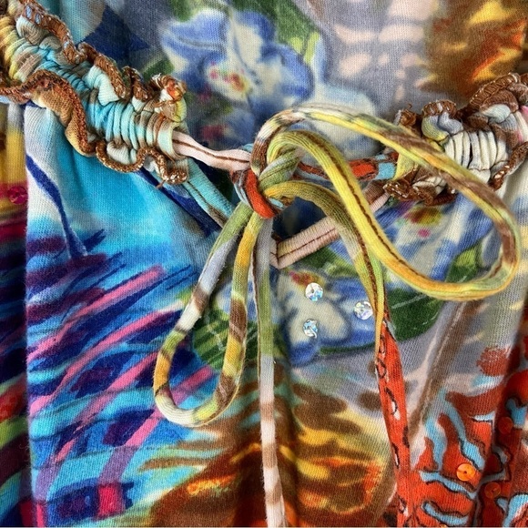 Christopher & Banks Bold Colorful Floral Sequins Tie Neck Flowy Cotton Top - Picture 5 of 14